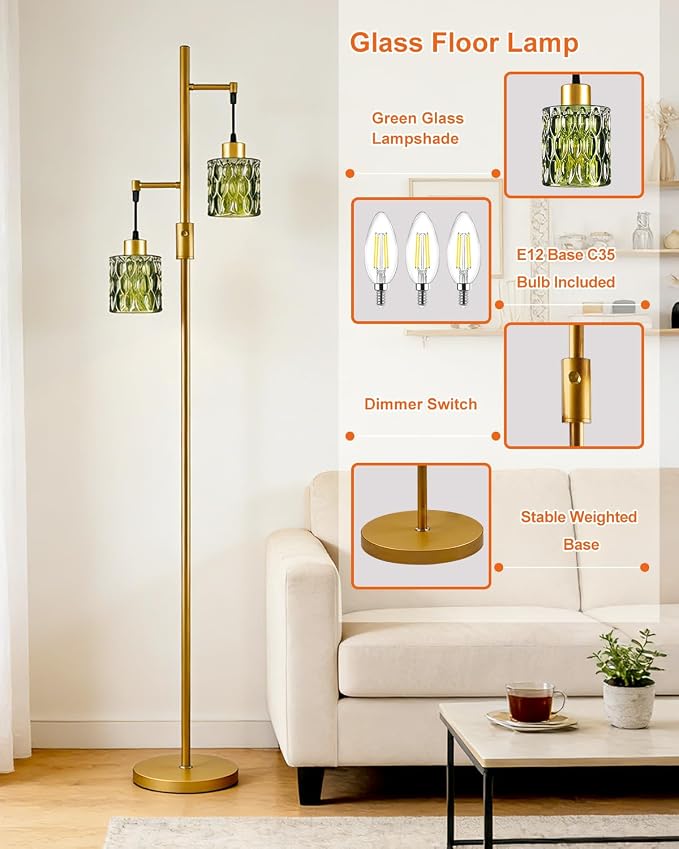 65IN Glass Floor Lamp, 2-Light Gold Tall Standing Lamps Dimmable with Green Glass Lampshade, 3000K Warmwhite Mid Century Modern Floor Lamp with 5Lbs Heavy Base for Living Room/Bedroom/Corner