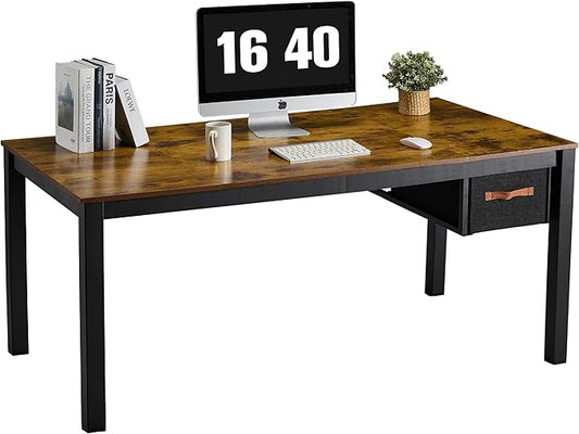 Computer Desk with Drawer, 63 Inch Large Home Office Work Desks, Modern Writing Study PC Desk Gaming Table for Bedroom Home, Stable Thick Metal Legs Frame Support （Rustic Brown）