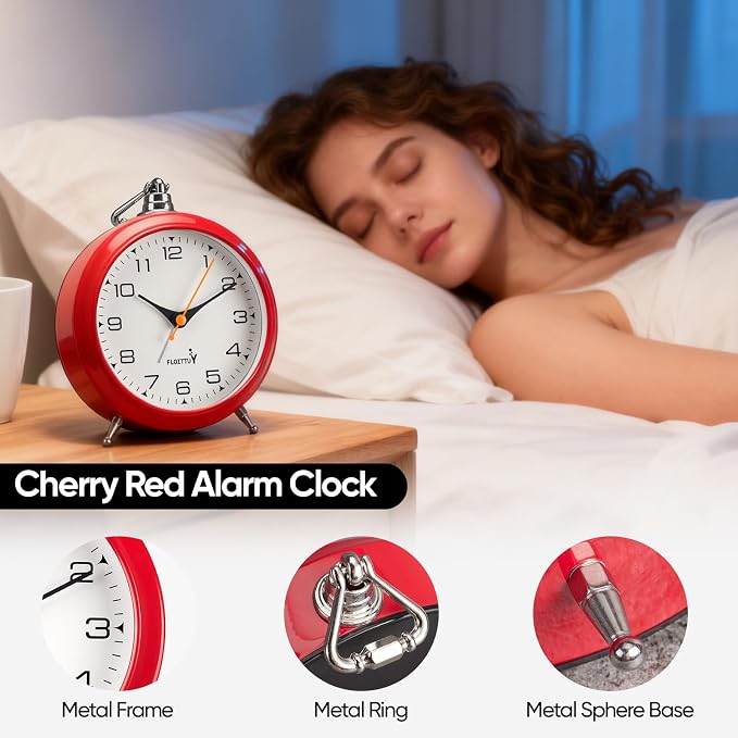 FLOITTUY 4.5" Battery Operated Antique Retro Analog Metal Alarm Clock, Silent Bedside Desk Clock, Wall-Hanging Vintage Clock(Cherry Red)