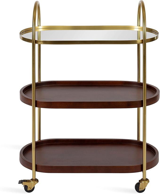 Kate and Laurel Maxfield Midcentury Modern Rolling Bar Cart, 26 x 13 x 36, Walnut and Gold, Decorative Glamorous Wood and Mirrored Kitchen Storage Cart with Wheels
