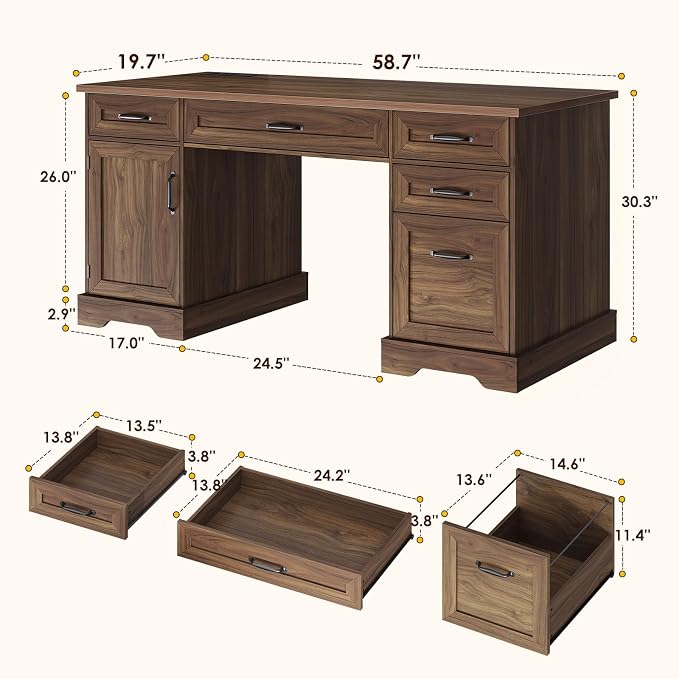 OffiGo 59 Inch Farmhouse Desk with Drawers, Executive Computer Desk with Charging Station, Wood File Cabinet Storage for Home Office, Walnut