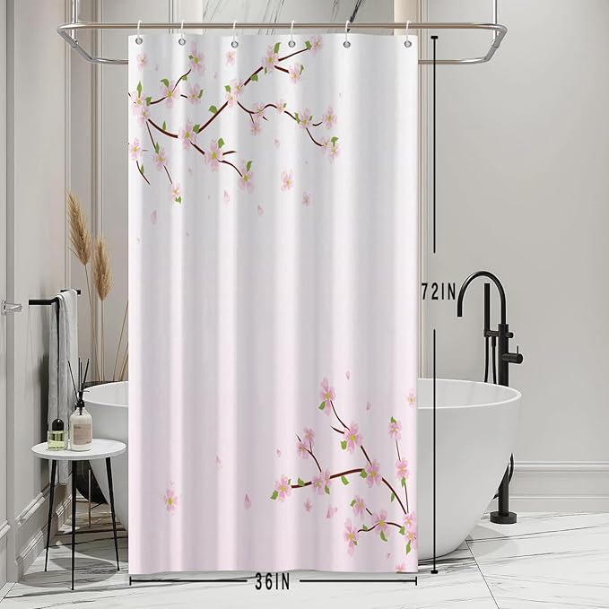 Cherry Blossom Shower Curtain Japan Pink Floral Landscape Shower Curtains for Girly Woman Bathroom Decor Accessories Waterproof Polyester Fabric with Hooks, 36 x 72 Inch