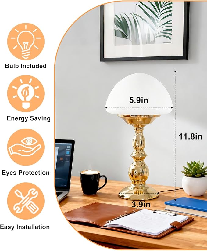 Lightdot Mushroom Lamp Set of 2(Gold & Black) Mid Century Modern Table Lamp 3000K Warmwhite Vintage Cute Small Nightstands Bedside Lamps for Bedroom Living Room Home Office