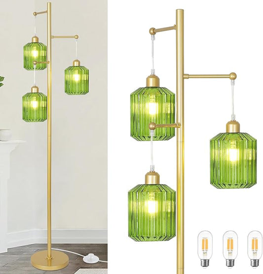 Glass Floor Lamp for Living Room,3-Light Gold Boho Flower Floor Lamp for Bedroom,Farmhouse Standing Lamp Tree Floor Lamps Vintage Retro Brass Tall Lamps for Bedroom,Office,Corner(LED Bulbs Included)