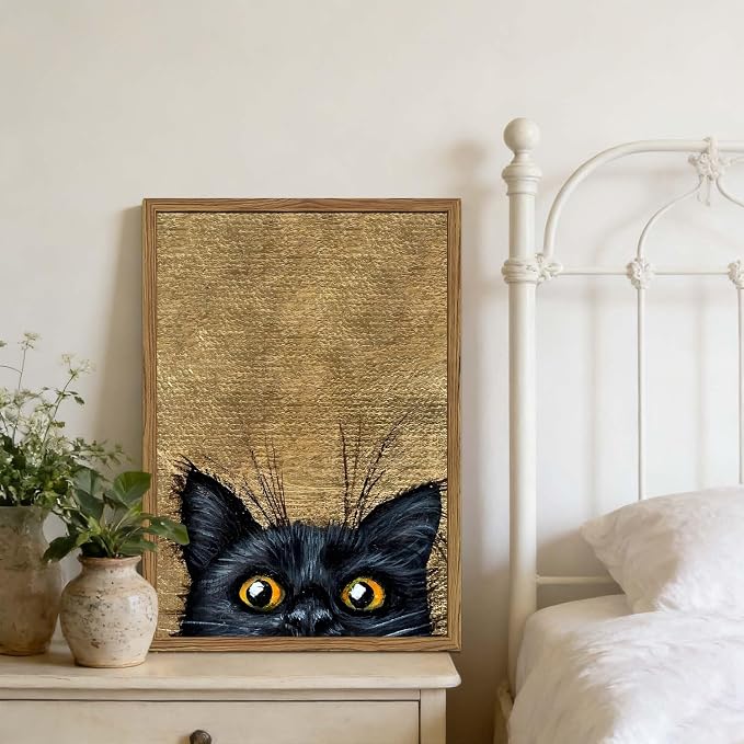 Cute Black Cat Wall Art Funny Cat Wall Decor Painting, Eclectic Animal Poster Canvas Print Picture for Living Room Bedroom 16x24 inch Wood Framed