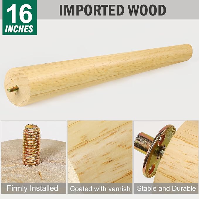FoDau770 Rubber Wood Furniture Legs 16 Inches, Slant Tapered Wood Feet Mid Century Sofa Legs Set of 4, 5/16" UNC Furniture Feet Replacement Parts for Cabinet Couch Dresser Chair Ottoman Table
