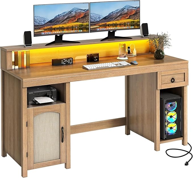 DWVO Farmhouse Office Desk with Drawer & Power Outlets, Rattan Computer Desk w/LED Strip & Monitor Stand for Bedchamber Study, Home Office Table w/Storage Cabinet for Working Writing Gaming (Oak)