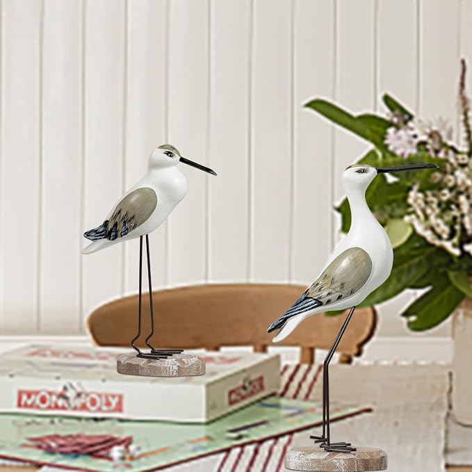 2Pcs Wooden Seagull Figurines, Mediterranean Style Bird States Ornaments for Beach,Garden, Backyard,Balcony, Living Room Decoration