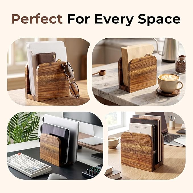 Acacia Wood Mail Organizer Countertop -Small Letter Holder for Desk, Rustic Farmhouse Decor, Upright Bill postcards, and notepads Stand for Entryway & Office，Also Works as Napkin Holder