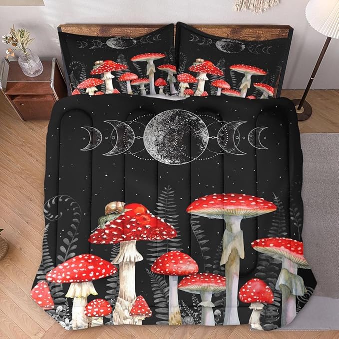 WeCozy Full Size Comforter Set with 2 Pillowcases, Mushroom Wildflower Dandelion 3 Pcs Bedding for Kids and Adults, Flower Summer Moon Phases Soft Comforter Set for Bedroom Bed Decor