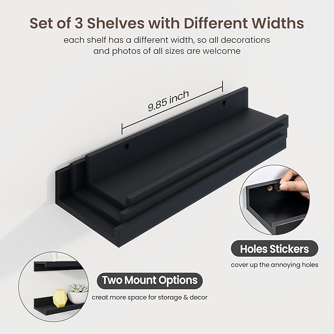 Axeman Picture Ledge Shelf | 16 Inch Black Floating Shelves Set of 3 | Rustic Wood Wall Shelves with Lip | 16" Black Picture Shelf for Wall with Ledge | Photo Shelves