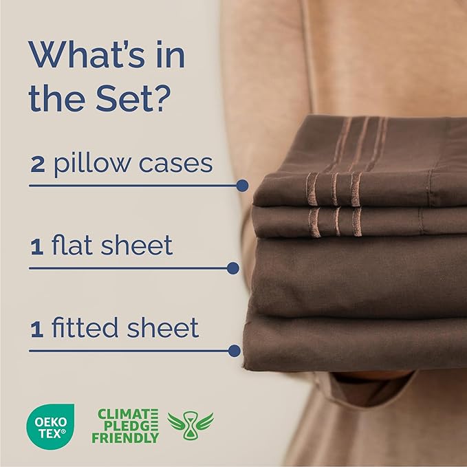 Cal King Size 4 Piece Sheet Set - Comfy Breathable & Cooling Sheets - Hotel Luxury Bed Sheets for Women & Men - Deep Pockets, Easy-Fit, Extra Soft & Wrinkle Free Sheets - Brown Oeko-Tex Bed Sheet Set