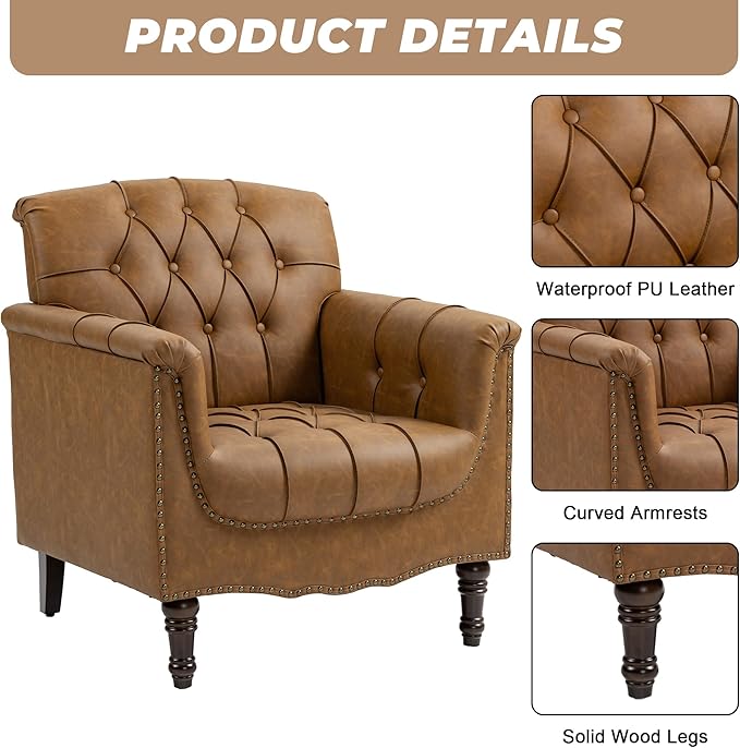 Lumibee Faux Leather Accent Chairs Set of 4, Upholstered Armchairs with Nailhead Trims & Wood Legs for Living Room, Bedroom, Contemporary Comfy Club Chairs for Office-Camel