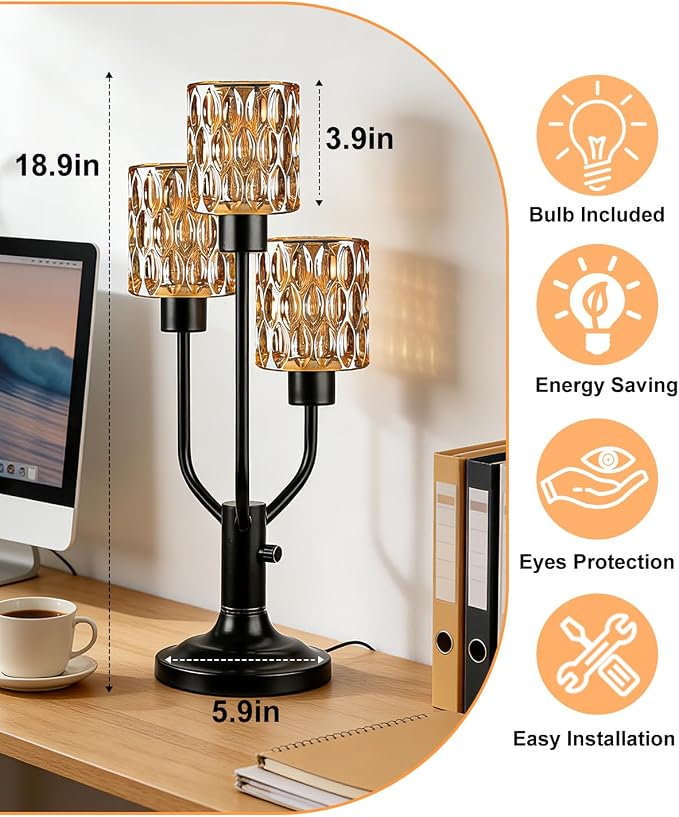 Lightdot Mid Century Modern Table Lamp for Bedroom Dimmable Nightstand Lamp Vintage Black Desk Lamp Amber Glass 3 Bulbs Included Warmwhite Ambient Bedside Lamps for Living Room Home Office Decor Gift