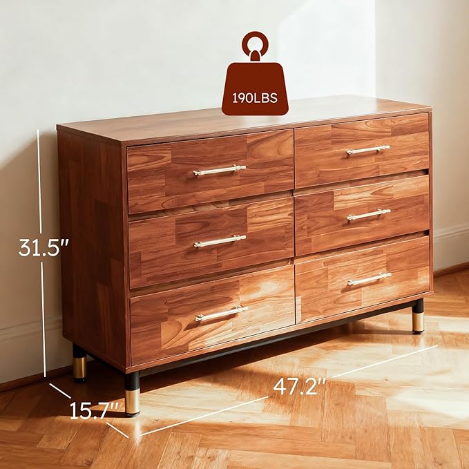 Walnut 6 Drawer Dresser for Bedroom, Modern Brown Wood Chest of Drawers with Wide Storage for Clothes, Closet, or Living Room