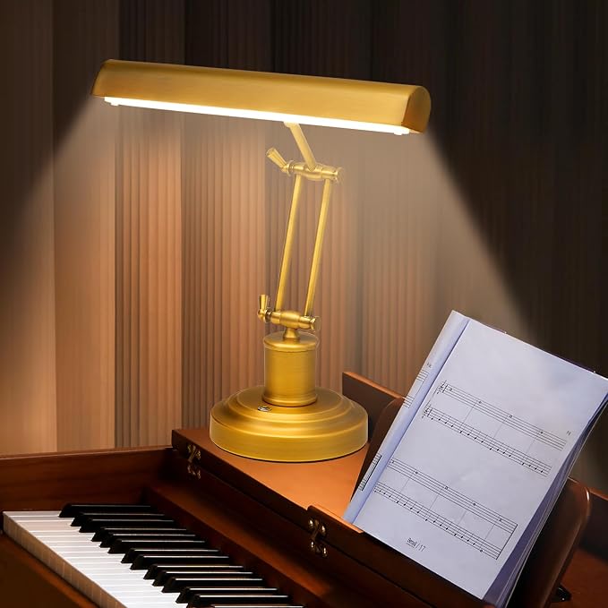 Vintage Piano Lamp for Grand/Upright Pianos, Bronze Piano Light with Touch Control & 3 Color Temperature & Stepless Dimming, Gold Foldable Desk Lamp for Bankers, Office, Reading, Bedside