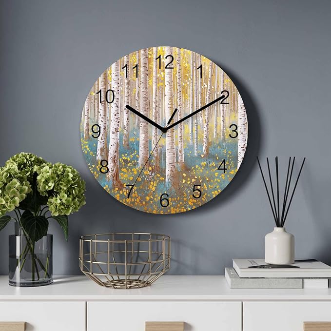 Trees Yellow Blue Forest Painting Art Style Wall Clock Battery Operated Non-Ticking 10" Round Wood Clocks, Kitchen Wall Clock for School Bathroom Living Room Home Office Wall Decor