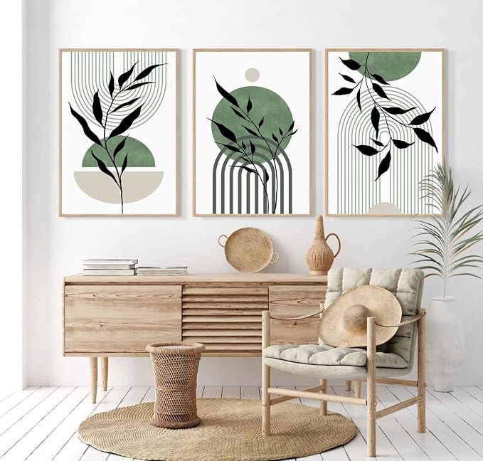 Mid Century Modern Wall Art Set of 3 Sage Green Canvas Wall Art Boho Prints Green Wall Decor Black Beige Abstract Picture Mid Century Painting for Living Room Bedroom 12x16 Inch UNFRAMED