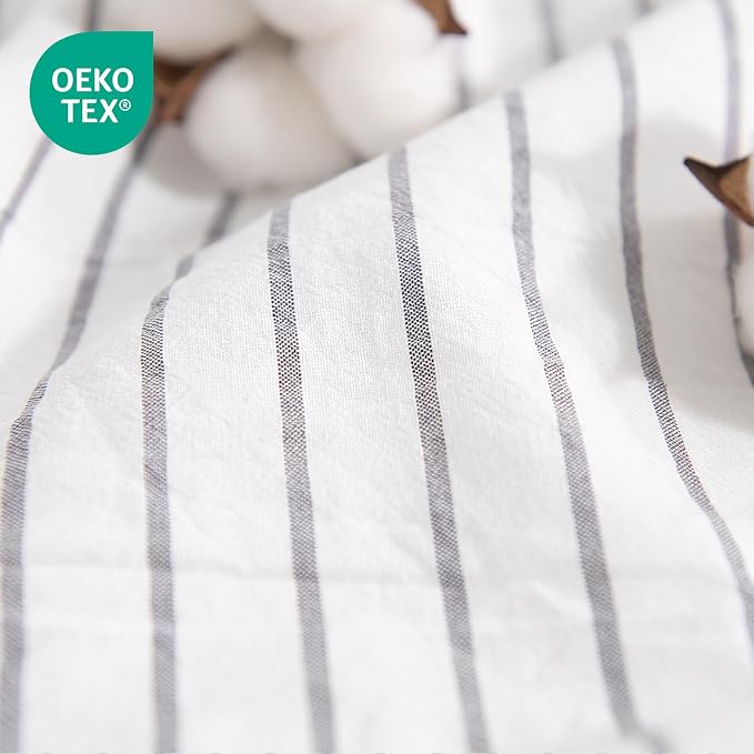 NEXHOME PRO Striped Duvet Cover Twin Size,100% Washed Cotton Bedding Set,Textured Linen Feel,Breathable,Organic,2 Piece(Grey Stripes 68x90)