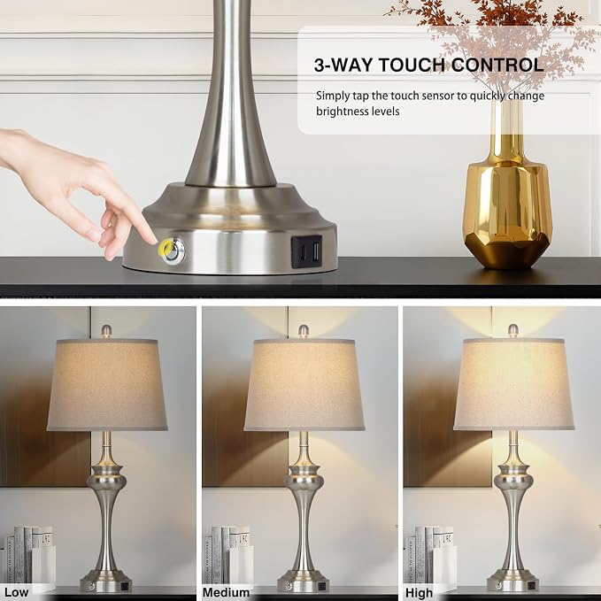 Rinweey 30 inch Silver Table Lamp Single, 3 Way Touch Control Bedside Lamp with USB A+C Ports, Modern Brushed Nickel Bedroom Lamps for Nightstand, Tall Metal Living Room Lamps for Side Table Office