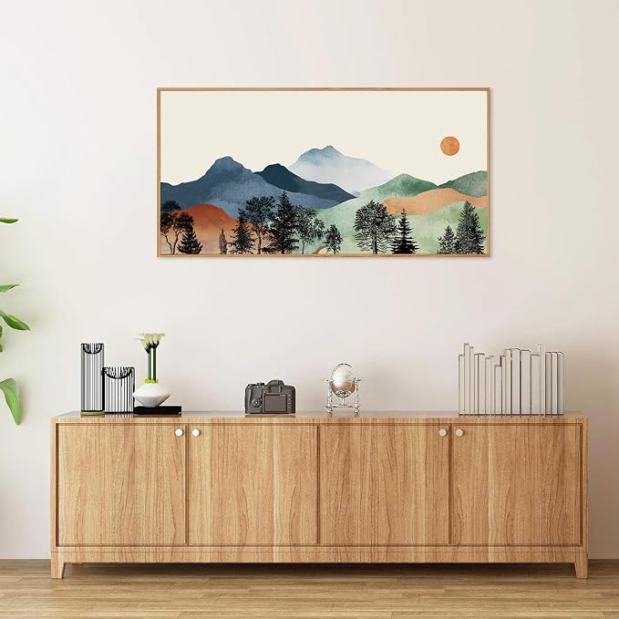SIGNINART Boho Mountain Framed Canvas Wall Art, Watercolor Nature Landscape Art Prints, Modern Sunrise Art Paintings, Green Forest Wall Decor for Living Room, Bedroom, Office 20"x40"