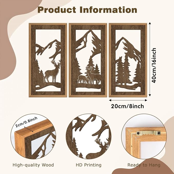 HPNIUB 3PCS Jungle Animals Wall Decor,Rustic Mountain Forest Wooden Sign for Living Room,Vintage Abstract Deer Pine Trees Hanging Wood Plaque Wall Art Nature Wall Sculpture for Home Office(8x16Inch)