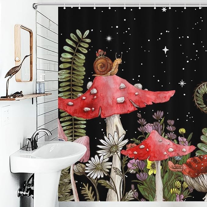 Mushroom Shower Curtain, Wild Floral Botanical Mushroom Moon Gothic Cottagecore Nature Plants Herbs Black Vintage Rustic Waterproof Fabric Bathroom Shower Curtain Set with Hooks, 72"x72" Inch