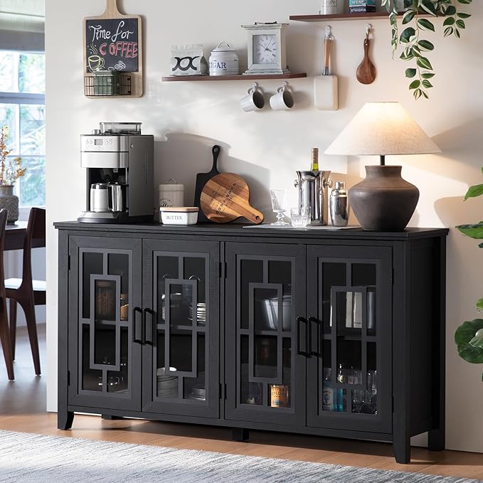 Large Sideboard Buffet Cabinet with Storage, 63" Black Farmhouse Kitchen Coffee Wine Bar Cabinet with 4 Glass Doors, Mid Century Modern Wooden Side Board Table for Dining Room, Living Room