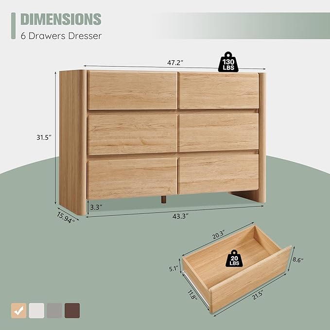 Modern 6 Drawers Dresser for Bedroom, 47" Wide Dresser w/Large Storage & Rounded Corner, Wood Handleless Chests of Drawers w/Natural Texture for Bedroom, Hallway, Living Room-Natural