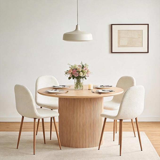 Dining Table Set for 4, Mid Century Modern 47 Inch Wooden Round Dining Table Set, Space Saving (Table + 4 White Chairs)