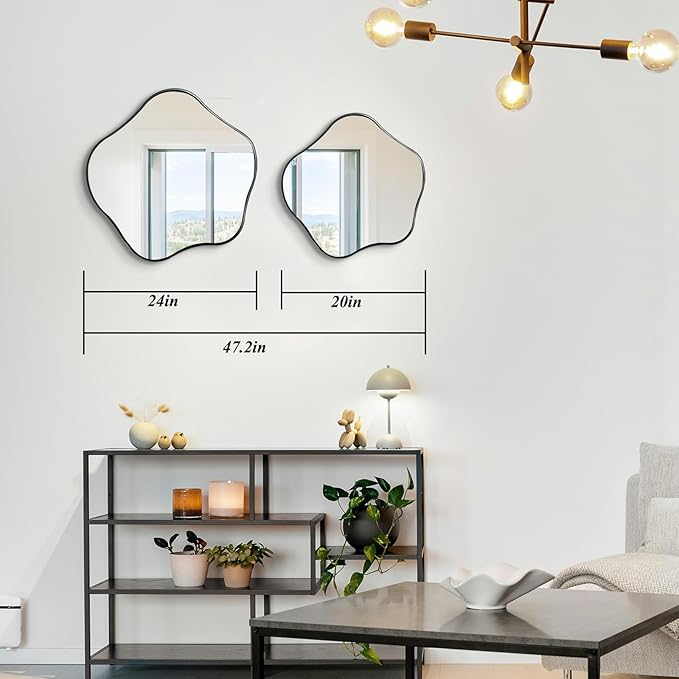 Irregular Shaped Mirror, 20" Modern Scalloped Mirrors, Asymmetrical Wall Mirror Decorative, Wavy Round Mirrors for Living Room Bathroom Bedroom Hallway Entryway Fireplace