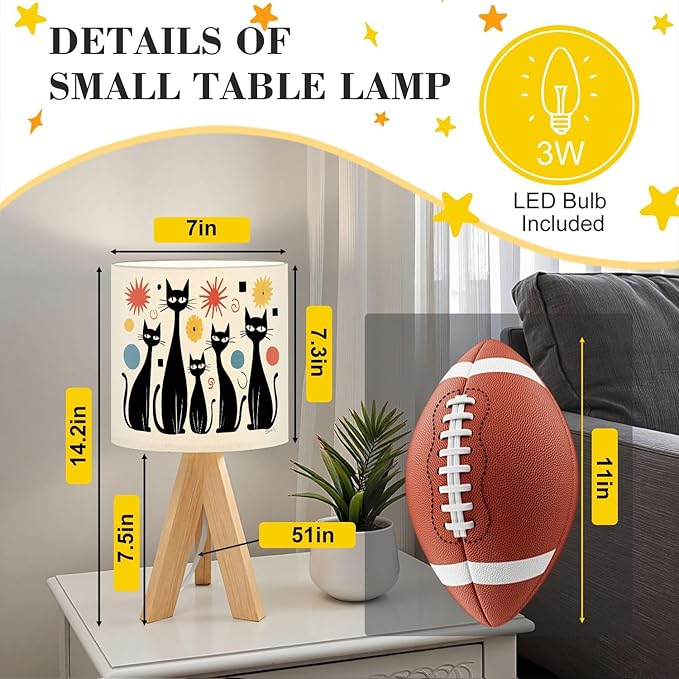 Tripod Table Lamp Mid Century Modern Atomic Cat Diamonds Black Retro Abstract Bedside Lamps Small Lamp Nightstand Lamp with Linen Lampshade Table Lamps for Bedroom Livingroom Nursery