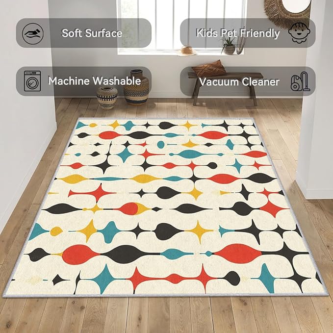 Mid Century Rugs for Living Room 4x5, Retro 50s Colorful Geometric Abstract Modern Pattern Design Area Rug, Mid Century Bedroom Decor Carpet, Non Slip, Washable (RG699)