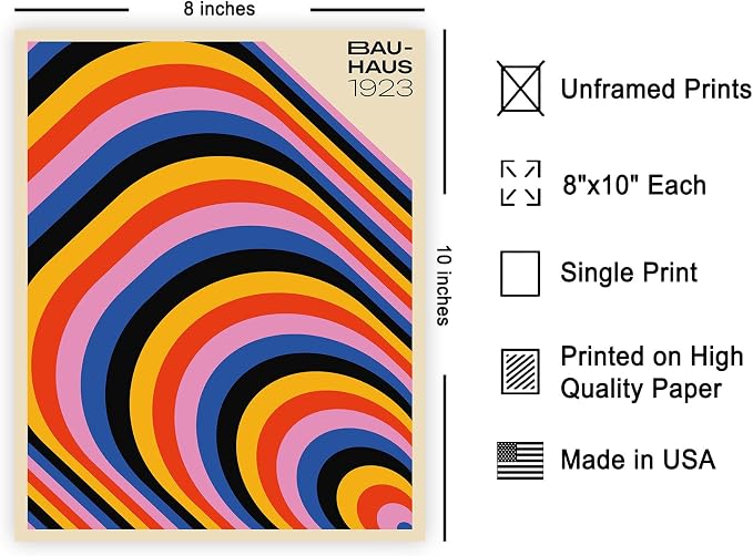 Poster Master Bauhaus Poster - Psychedelic Stripes Print - Abstract Art- Geometric - Graphic Design - Chic Boho - Mid Century Modern Art - 8x10 UNFRAMED