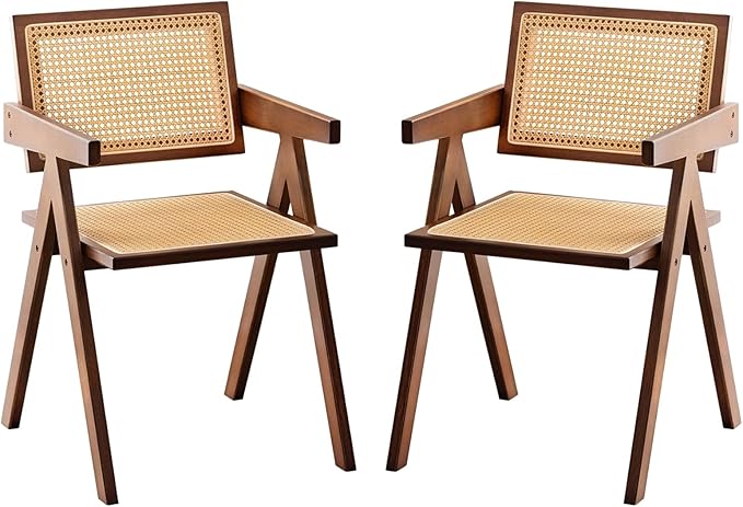 Furlide Rattan Accent Chairs, Modern Mid Century Dining Chairs Set of 2, Comfy Armchairs, Outdoor Rattan Chairs with Armrest for Bedroom Living Room Reading Room Dining Kitchen, Brown