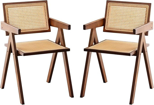 Furlide Rattan Accent Chairs, Modern Mid Century Dining Chairs Set of 2, Comfy Armchairs, Outdoor Rattan Chairs with Armrest for Bedroom Living Room Reading Room Dining Kitchen, Brown