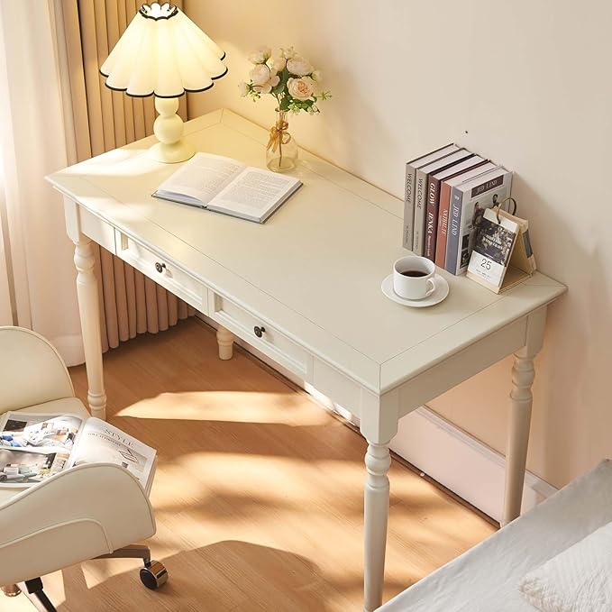 White Writing Desks with Drawers, 47" Solid Wood French Country Style Computer Desk for Home Office, Living Room Study or Workspace