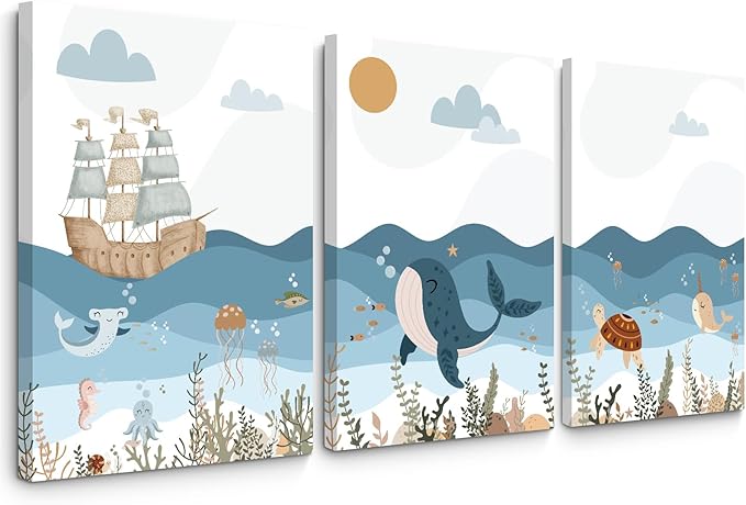 Ocean Nursery Wall Art Pictures Blue Nautical Canvas Art Beach Animal Wall Decor Baby Boys Room Wall Art Sea Whale Prints Ocean Nautical Poster for Nursery Baby Room 16x24 Inch Set of 3 Framed