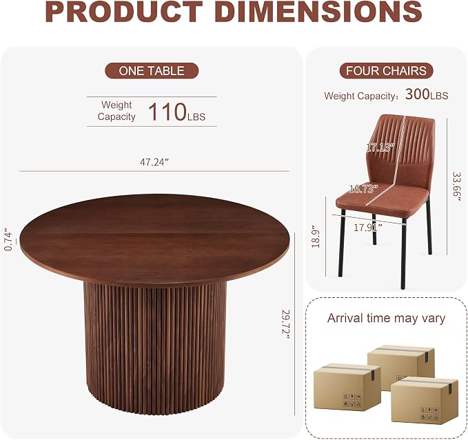 Dining Table Set for 4, 47" Wooden Round Kitchen Table with PU Leather Chairs for Kitchen Room and Small Spaces(Walnut Table + 4 Brown Chairs)
