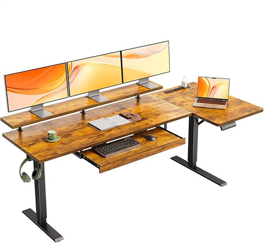 OffiGo 63 Inch Electric L Shaped Standing Desk with Keyboard Tray, Reversible Height Adjustable Corner Computer Desk with Monitor Stand, Sit Stand Up Lift Table for Home, Office, Rustic Brown