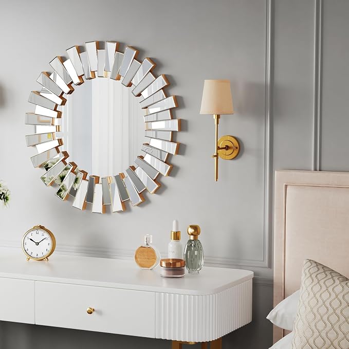 Gold Sunburst Mirror for Wall Decor, 26" Starburst Mirror with Beveled Glass Frame, Modern Accent for Living Room, Hallway, Bedroom,Entryway