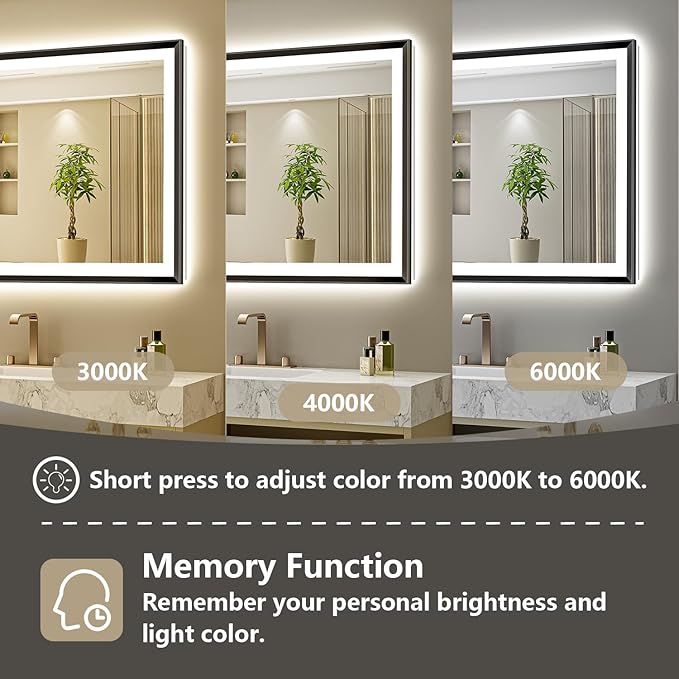 60x36 Black Framed LED Bathroom Mirror with Lights, Backlit and Front Light, Lighted Bathroom Vanity Mirror for Wall Dimmable Anti-Fog Memory Tempered Glass Horizontal/Vertical