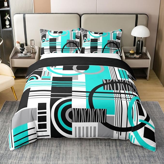 Erosebridal Art Deco Mid Century Duvet Cover Set Retro Modern Abstract Geometric 100% Cotton Comforter Cover Black and White Teal Circles Stripes Full Size Bedding Sets, Contemporary Bed Set