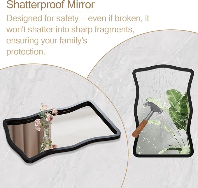 ULIKE Wavy Wall Mirror for Bathroom, 24x36 Wood Frame Mirror for Over Sink, Rustic Wall Mirrors Decorative and Vanity Mirrors for Bedroom Living Room Entryway, Black