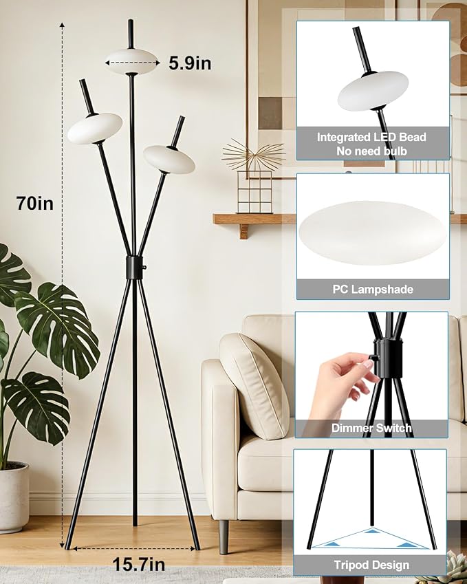Lightdot Tripod Floor Lamp Stepless Dimmable Black Standing Tall Lamps with 3PCS Elliptical Lampshades Mid Century Modern Floor Lamps for Living Room/Bedroom/Sofa Beside/Corner Decor