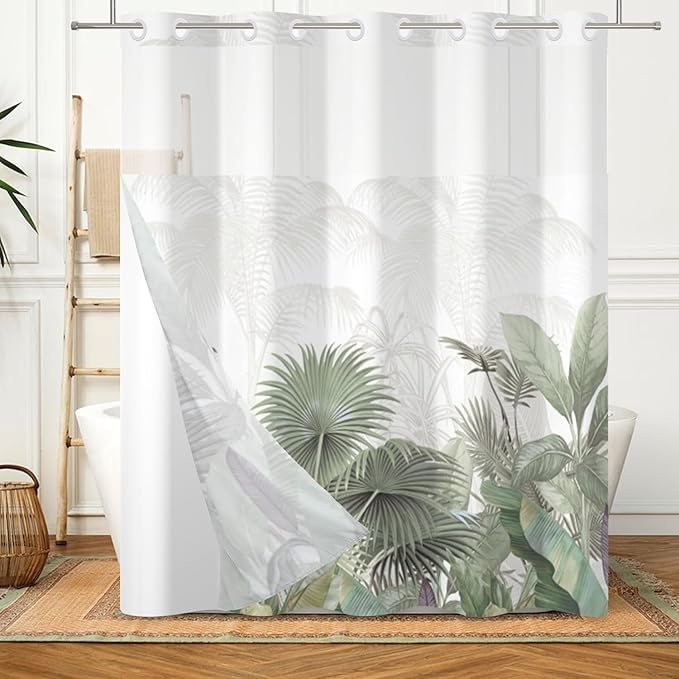 No Hook Shower Curtain with Snap in Liner Green Leaves Tropical Shower Curtains for Bathroom Sets Gradient Textured Bath Curtains with Mesh Top Window Fabric Waterproof Washable 71x74 Inch