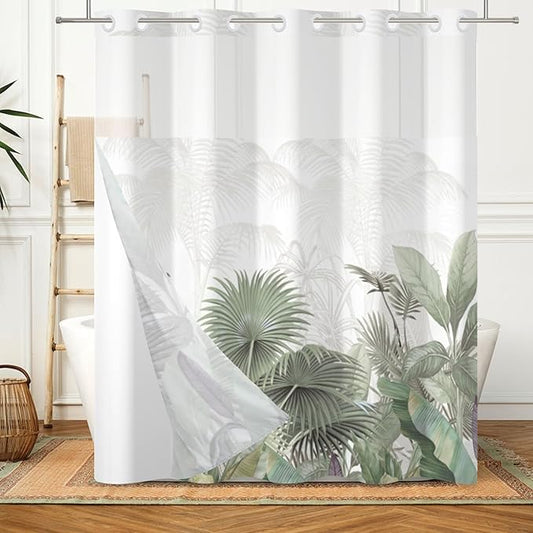 No Hook Shower Curtain with Snap in Liner Green Leaves Tropical Shower Curtains for Bathroom Sets Gradient Textured Bath Curtains with Mesh Top Window Fabric Waterproof Washable 71x74 Inch