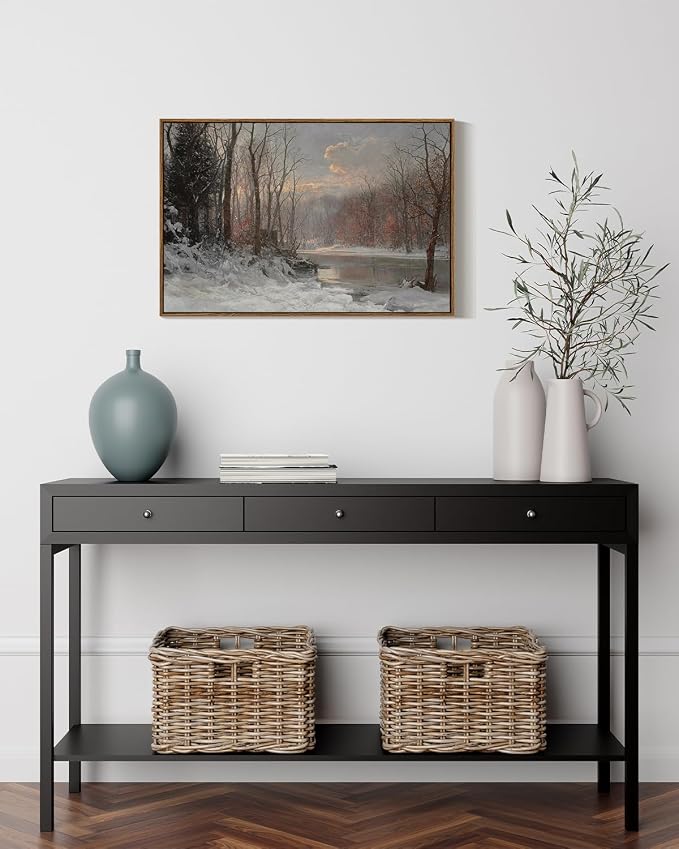 ARPEOTCY Vintage Framed Canvas Wall Art, Christmas Wall Art, Snow Straem River Tree Cloud Farmhouse Landscape Art Hanging Paintings for Living Room Bathroom Bedroom, 20x30 Inch