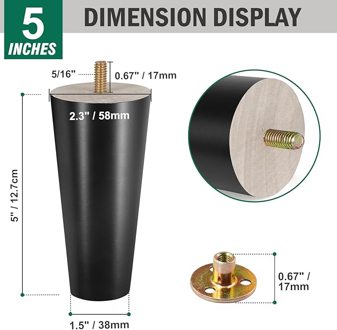 FoDau770 Black Rubber Wood Furniture Legs 5 Inches, Straight Tapered Wood Feet Mid Century Sofa Legs Set of 4, 5/16" UNC Furniture Feet Replacement Parts for Cabinet Couch Dresser Chair Ottoman Table