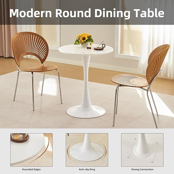 Round Dining Table, 24" Circle Tulip Table with Thickened Tabletop & Metal Pedestal, Mid Century Modern Bistro Table for Kitchen, Small Places, Living Room, Cafe (White)